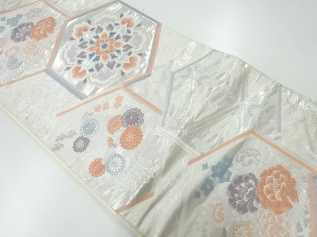JAPANESE KIMONO / ANTIQUE FUKURO OBI / SILK / WOVEN KIKKO & FLORAL CREST & KIKU & PEONY